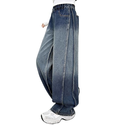 Spliced Jeans for Tween Girls, Elastic Waist Gradient Wash Denim Baggy Pants, 4 Pockets Wide Leg Vintage Trousers3