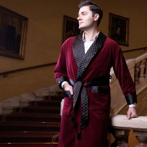 Men's Velvet Smoking Jacket Regular Fit Long Overcoat with Belt Prom Double Breasted Cigar Robe for Wedding Dinner4