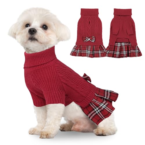 Yudodo Dog Sweater Dress For Small Dogs With Bowtie Turtleneck Knitted Dog Dress Pet Dog Winter Clothes Warm Sweater For Yorkies Chihuahua Small Red cover