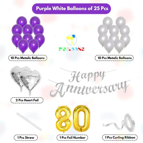 Image of Flyloons 80th Happy Anniversary Decoration Items Purple for Men Women Husband Wife Mom Dad Parent Couple Home Bedroom Car With 20 Pcs Metallic Balloons Anniversary Banner 2 Pcs Heart Set Kit