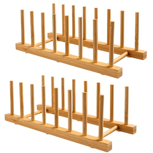 HBlife 2-Pack Bamboo Wooden Dish Rack Holder Space-Saving Vertical Organizer for Plates, Cups, Pots, Lids, Bowls & Cutting Boards Kitchen Cabinet & Counter Storage