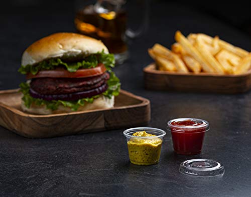 Image of Clear Disposable Plastic 1 Oz Portion Cups (100 Sets) - Condiment, Sauce, Dressing, Jello Shot Cups With Lids