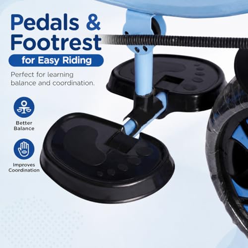 Image of MEA Kids Tricycle with Parent Push Handle for Toddlers|Baby Trike with Safety Guard Rail, Comfortable Cushioned Seat, Storage Basket & Footrest|Ride-On Cycle for Boys & Girls (Blue) (Without Canopy)