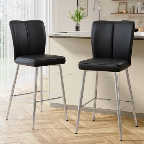 Image of Counter Height Bar Stools Set of 2,27''Kitchen Island Stools with Back,Black Barstools with Sturdy Metal Legs,Modern Bar Stools Ideal for Kitchen Island Pub Cafe(Faux Leather-Black)