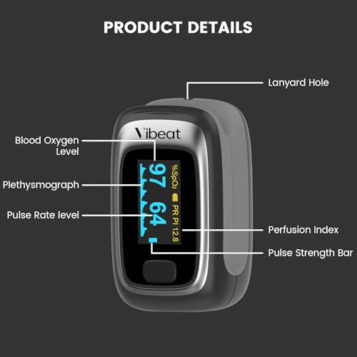 Vibeat Fingertip Pulse Oximeter, Blood Oxygen Saturation Monitor, Finger O2 Sensor with Pulse Rate, Batteries and Lanyard Included, Black - Image 4