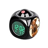 Proyección negra para niños Reloj digital con pantalla LCD Campana de alarma Proyector de luz de fondo Reloj para el hogar Temporizador de reloj corto recubierto negro y bronceado cachorro en foco