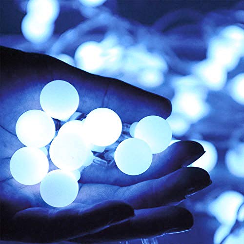 60 Luces Solares de la Cadena, DINOWIN 11M Cadena de Bola Cristal Luz para Exterior Guirnalda Luminosa Impermeable para interior, exterior hada globo cadena luces (Azul)