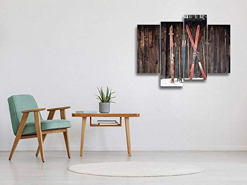 Old Retro Styled Skis Sticking In Snow On Wooden Wall Canvas Wall Art Hanging Paintings Modern Artwork Abstract Picture Prints Home Decoration Gift Unique Designed Framed 4 Panel #TOP2