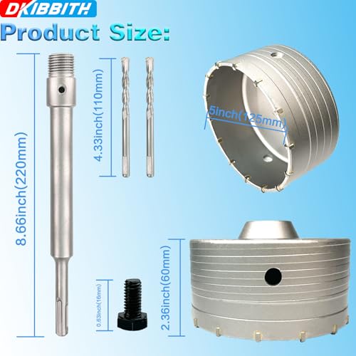 Image of 5 inch Concrete Hole Saw, 125mm Tungsten Steel Core Bit for Cinder Block, Brick, Rock, Plank Walls for Pipes or mini Split Lines, with SDS Plus Shank and 2 Center Positioning Drill Bits.