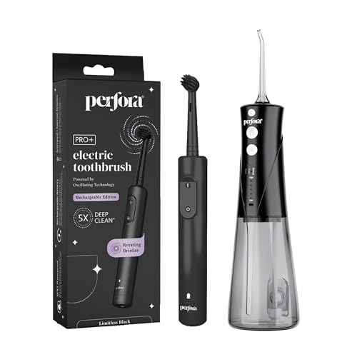 Perfora Advanced Oral Care Combo | Power Dental Water Flosser & PRO Oscillating Electric Toothbrush | 8 Pressure Settings, 2 Nozzles, Sonic Technology | Rechargeable & IPX7 Waterproof – (Limitless Black)