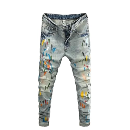 Men Jeans Washed Blue Hand-Painted Graffiti Elastic Stretch Slim Fit Ripped Painted Jeans Mens Hip Hop Denim Pants