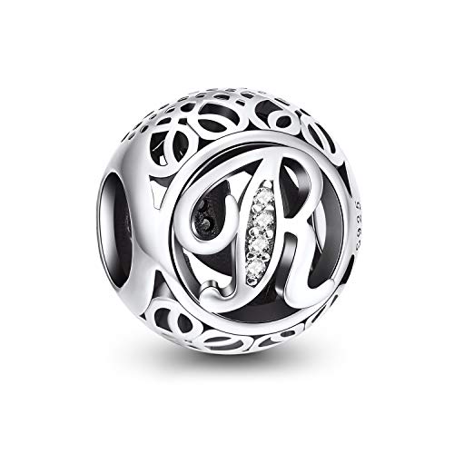 NINGAN Abalorios Charms Colgantes De Alfabeto Cuentas Plata De Ley 925 Con Circonita Cúbica Transparente Compatible Con Pulsera Europeo, Charms De Letra Para Mujer Niña (Letra R)