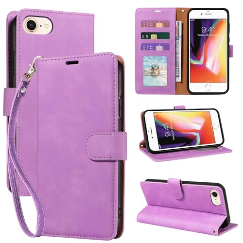 JHWVVTF 2025 Wallet Case for iPhone 6/6S/7/8/SE 2020/SE 2022, RFID Blocking 3 Card Slots Holder, Wrist Strap, Leather Shockproof Protective, Stand Folio Flip Cases Cover (Purple)