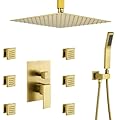 Romcebath Rain Shower System With Complete 6 Pcs Body Sprays Jets And Pressured Balance Rough-in Valve,12Inch Rainfall Shower Head And Handheld, Modern Brushed Gold Ceiling Mount Shower Faucets Sets