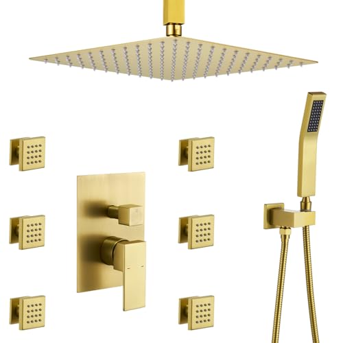 Romcebath Rain Shower System With Complete 6 Pcs Body Sprays Jets And Pressured Balance Rough-in Valve,12Inch Rainfall Shower Head And Handheld, Modern Brushed Gold Ceiling Mount Shower Faucets Sets