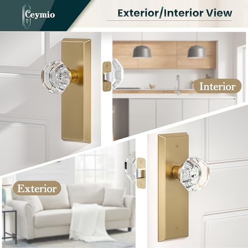 Image of Glass Door Knobs for Interior Doors - Vintage Crystal Passage Closet & Hallway Door Knob - Diamond Cut Door Handle - Satin Brass Finish (1 Pack)