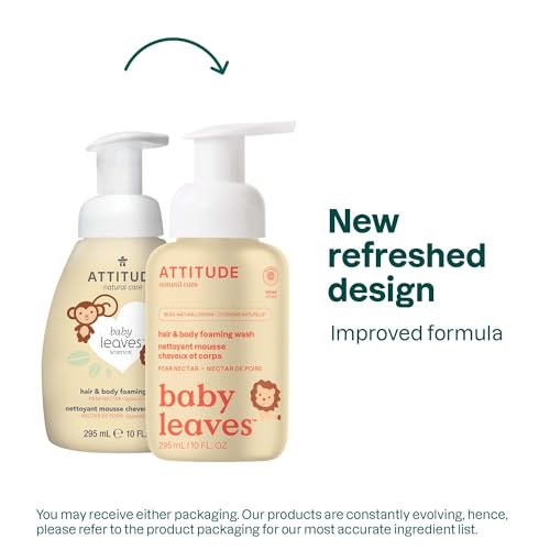 Image of ATTITUDE 2-in-1 Hair and Body Foaming Wash for Baby, EWG Verified, Dermatologically Tested, Made with Naturally Derived Ingredients, Vegan, Pear Nectar, 10 Fl Oz (Pack of 3)