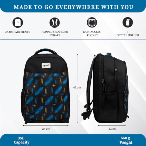Image of F Gear Ryto Black 35L School Backpack with 3 Spacious Compartments, 1 Front Pocket & Side Bottle Holder, Airflow Padded Back, Lightweight & Durable Bag for School, Tuition, Travel and Work