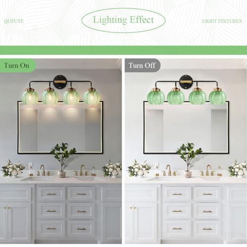 Image of Modern Vanity Light Bathroom 4-Light Fixtures Emerald Green Glass | Vintage 5.9inch Globe Shade Vanity Table Indoor Deco Lighting Black Gold Finish E26 Base, Mirror Over , Kitchen, Cabinet
