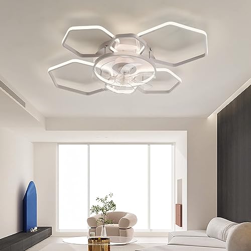 Ventilador de techo inteligente grande con lámparas y control remoto, moderno ventilador de techo empotrado de 103 cm con temporizador de silencio, 6 velocidades, luz LED regulable grande para sala