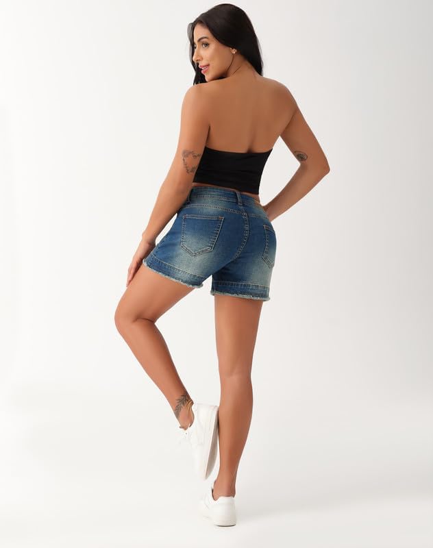 roswear Women's High Waisted Stretchy Frayed Hem Summer Denim Jean Shorts - Image 2