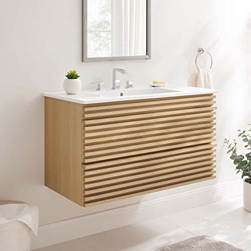Modway Render 36´´ Wall-Mount Bathroom Vanity in Oak White