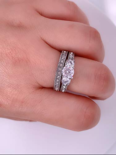 Flamereflection Wedding Ring Set Round Shape Cubic Zirconia Stainless Steel Women 3 Stones Size 6 #TOP3