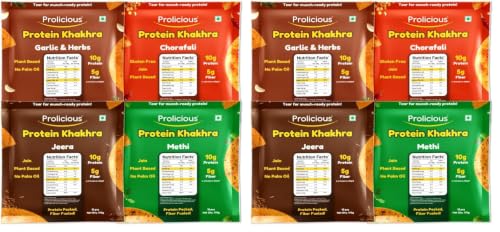 Image of Prolicious High Protein & Fibre-Rich Khakhra Combo Pack | Crispy Healthy Khakhra Snacks | Indian Snack | No Onion No Garlic | Anytime Tea-Time Snack (Pack of 8, 170g Each)