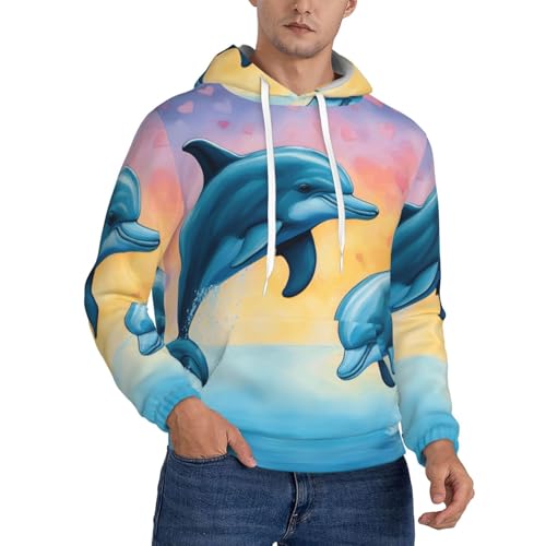 nanger Dolphins In Love Print Men'S Casual Hooded Sweatshirt, Thin Fleece Long Sleeve Hoodie Pullover With Pocket