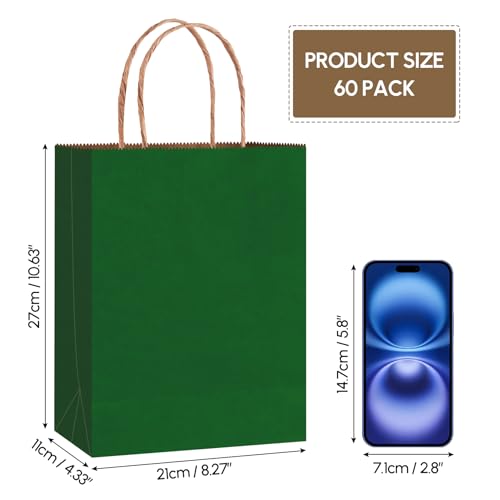 Qioxiou 60 Pack Forest Green Gift Bags with Handles 8.27x4.33x10.63 Medium Size Bulk Kraft Paper Party Favor Bags for Christmas, Wedding, Birthday, Shopping, Retail, Grocery, Recyclable Paper Sacks — view 2