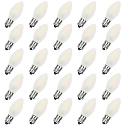 Doratale 25 Pack C7 LED Christmas Light Bulb, White LED Christmas Frosted Light Bulb Indoor Outdoor Patio Xmas Party String Lights, 0.6W Shatterproof, C7/E12 Candelabra Base, 2700K Warm White