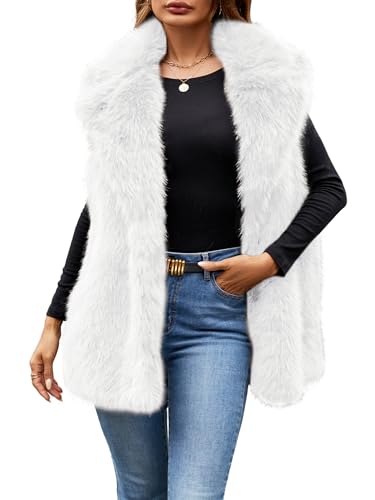 Simplee Women's Faux Fur Vest Coat Sleeveless Furry Jacket Warm Open Front Fur Vests White M