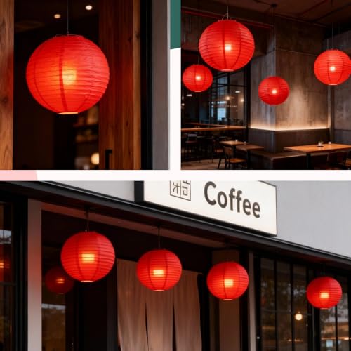 Image of Red Chinese Paper Lanterns with LED Lights, 10-Pack 10inch | Hanging Lights for Chinese New Year, Anniversary, Birthday Decorations, Ceiling Decor & Home Party