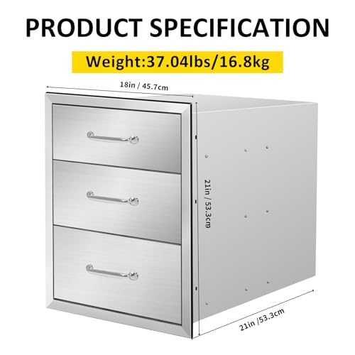 Image of Outdoor Kitchen Drawers 18 inch W x 21 inch H x 21 inch D Flush Mount Triple BBQ Drawers with Chrome Handle Stainless Steel Drawer for Outdoor Kitchen Island, Patio Grill Station