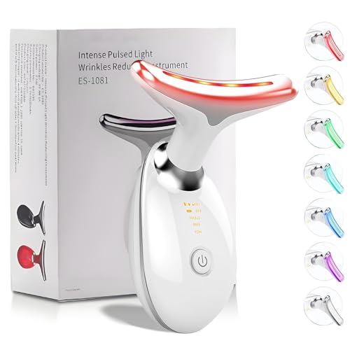 Device | 7-in-1 Red Light Therapy for Face and Neck - 7 Colors Smart Vibration | Red Light Face Massager Tool - Effectively Remove Wrinkles Lift Neck Portable Skin Care Tool (White)
