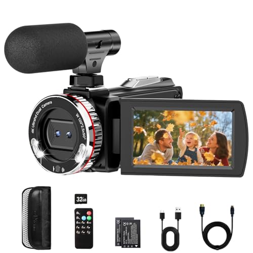 4K Camcorder Video Camera, Vlogging Camera for YouTube with External Mic, Digital Zoom & 3.0” Flip Screen, 2 Batteries, 32GB Card & Remote Control (64MP CAM)