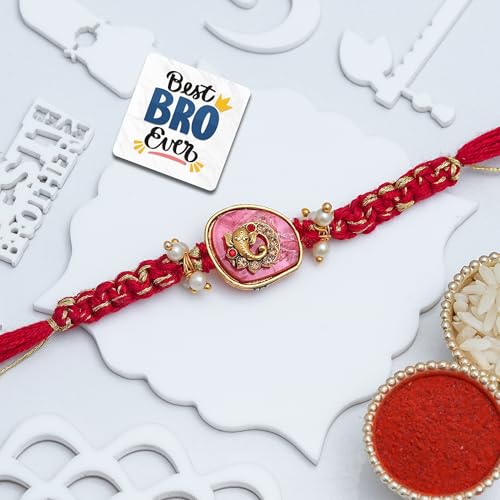 Image of eCraftIndia Red Ganesha Rakhi for Brother Bhaiya Bhai with Best Bro Ever Fridge Magnet | Roli Chawal Pack