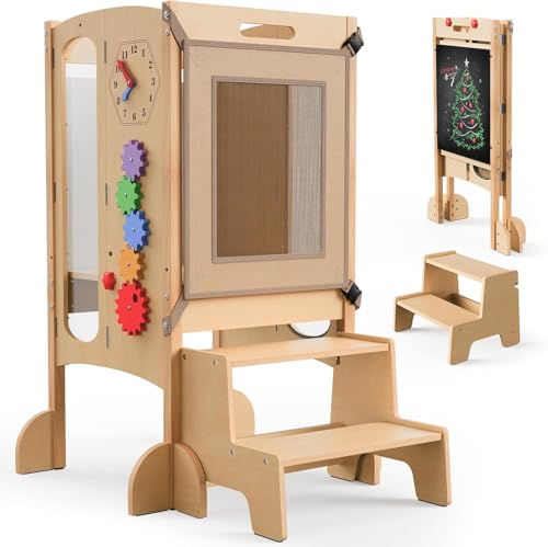 SOFTHOM Torre de Aprendizaje, Plegable Montessori Torre de Aprendizaje para Niños, 5 en 1 Multifuncional Learning Tower de Madera con Tablero de Dibujo, 360° Red de Seguridad, Protección, Premontado