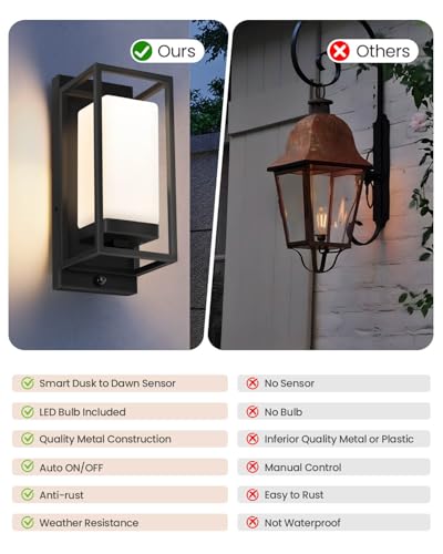 Image of SHIMR Outdoor Wall Light with Dusk to Dawn Sensor, Black Outdoor Light Fixture with LED Bulb Included, E26 Base, Waterproof Exterior Sconce for Porch Garage Front Door