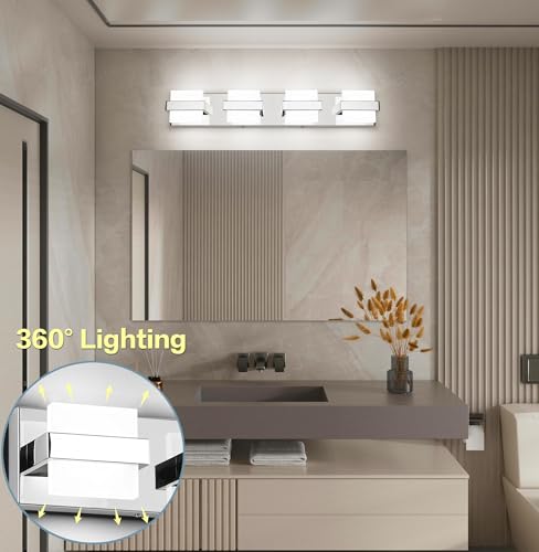 Image of SOLFART Modern Vanity Light Chrome, 32W Dimmable LED Bathroom Light Fixture Over Mirror, 2560LM Bright Minimalist Vanity Lighting for Mirror, Easy Install Bathroom Wall Light