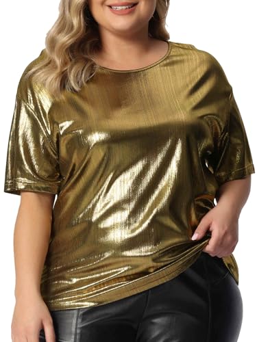 Agnes Orinda Plus Size Metallic Tops for Women Round Neck Short Sleeve Party Shirts Disco Blouses Sparkly Tee Top