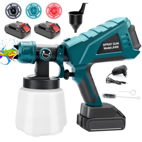 Pistola Pintura Electrica, Pistola Pintura con 2 Baterías Compatible con Batería Makita de 18V, 1000ml 3 Boquillas para Cobertizos de Muebles, Gabinetes, Cercas, Paredes, Puertas