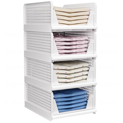 TidyIsles - Foldable Closet Organizer, 4 Pack Stackable Storage Boxes, Plastic Storage Baskets, Drawers for Bedroom, Kitchen and Bathroom Organization, White