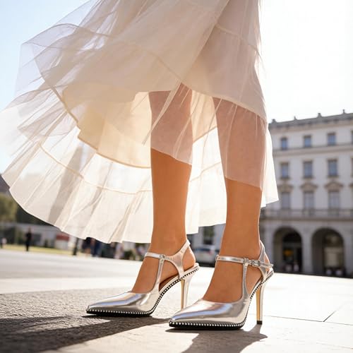 Image of SAMMITOP Womens High Heels Ankle Strap Pointed Toe Stilettos Patent Leather Beaded Pumps Dress Shoes 3.5 Inch