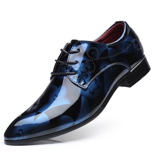 Mens Fashion Floral Patent Leather Tuxedo Oxfords Pointed Toe Shiny Flat Lace Up Formal Business Shoes for Men