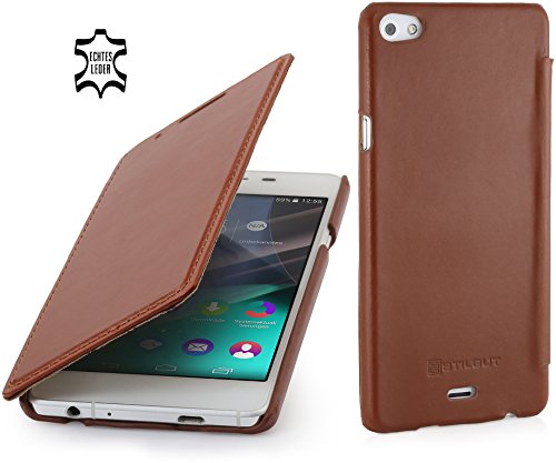 STILGUT Book Type Hülle ohne Clip, Hülle aus Leder für Wiko Highway Pure, Cognac