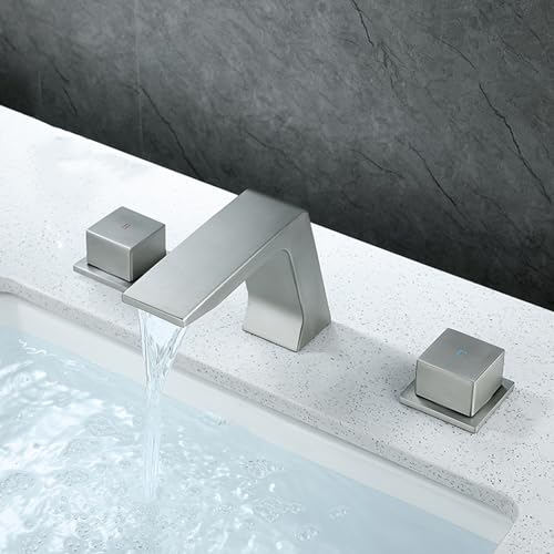 Robinet mitigeur de lavabo cascade en laiton brossé à 3 trous et 2 poignées pour salle de bains