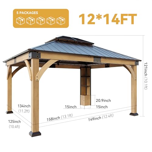 ZIENLIFE 12x14 ft Cedar Wood Gazebo with Sunlight Roof &Storage Cabinet, Hardtop Gazebo with Galvanized Steel Double Roof, Heavy Duty Pavilion for Patio Lawn and Garden - Image 5
