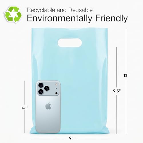Image of 100 Pastel Blue Plastic Bags With Handles 9x12 Merchandise Bags