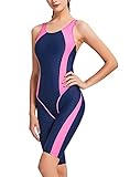 FEOYA Damen Schwimmanzug Legsuits Einteiler Badeanzug Wassersport Wettkampfanzug Trainninganzug mit Bein UV-Schutz Bademode-Blau+Pink-2XL